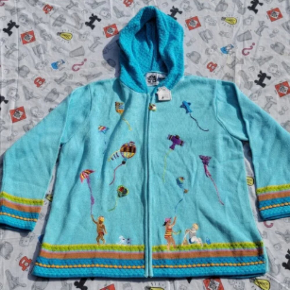 Vintage Storybook Knits Hooded Kids Flying Kites Sweater XXL NWT